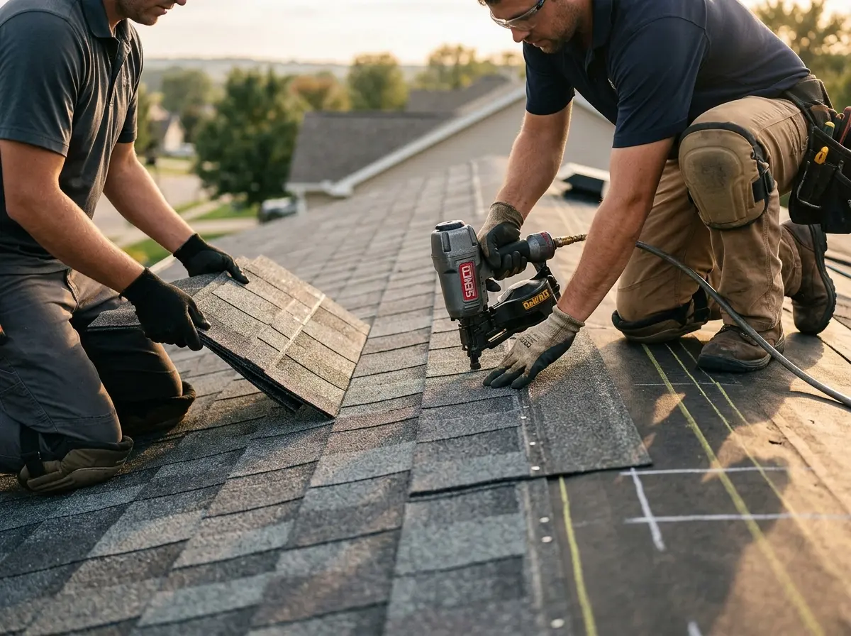 Professional roofer working on a residential roof in Ralston